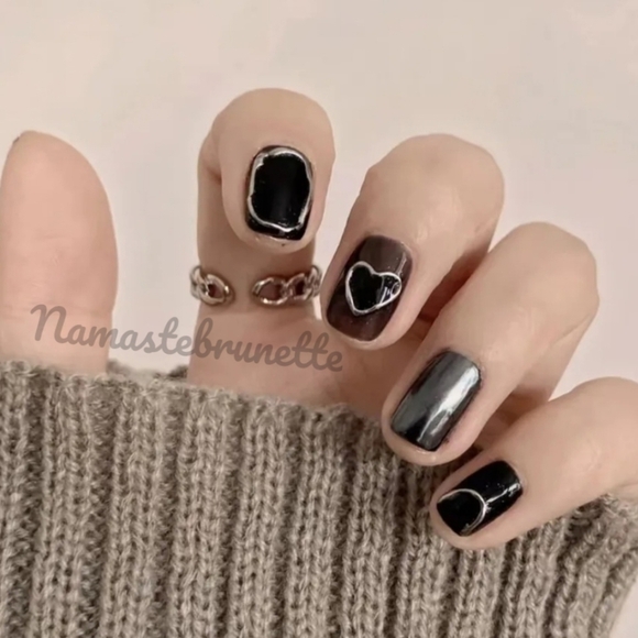 2/$16 Black Silver Hearts Press On Nails - Picture 7 of 14
